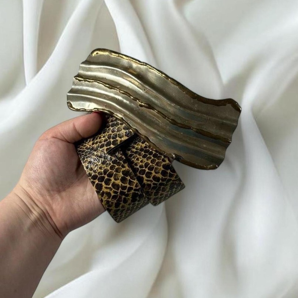 vintage 1970s brutalist silver wave statement belt buckle snakeskin leather belt